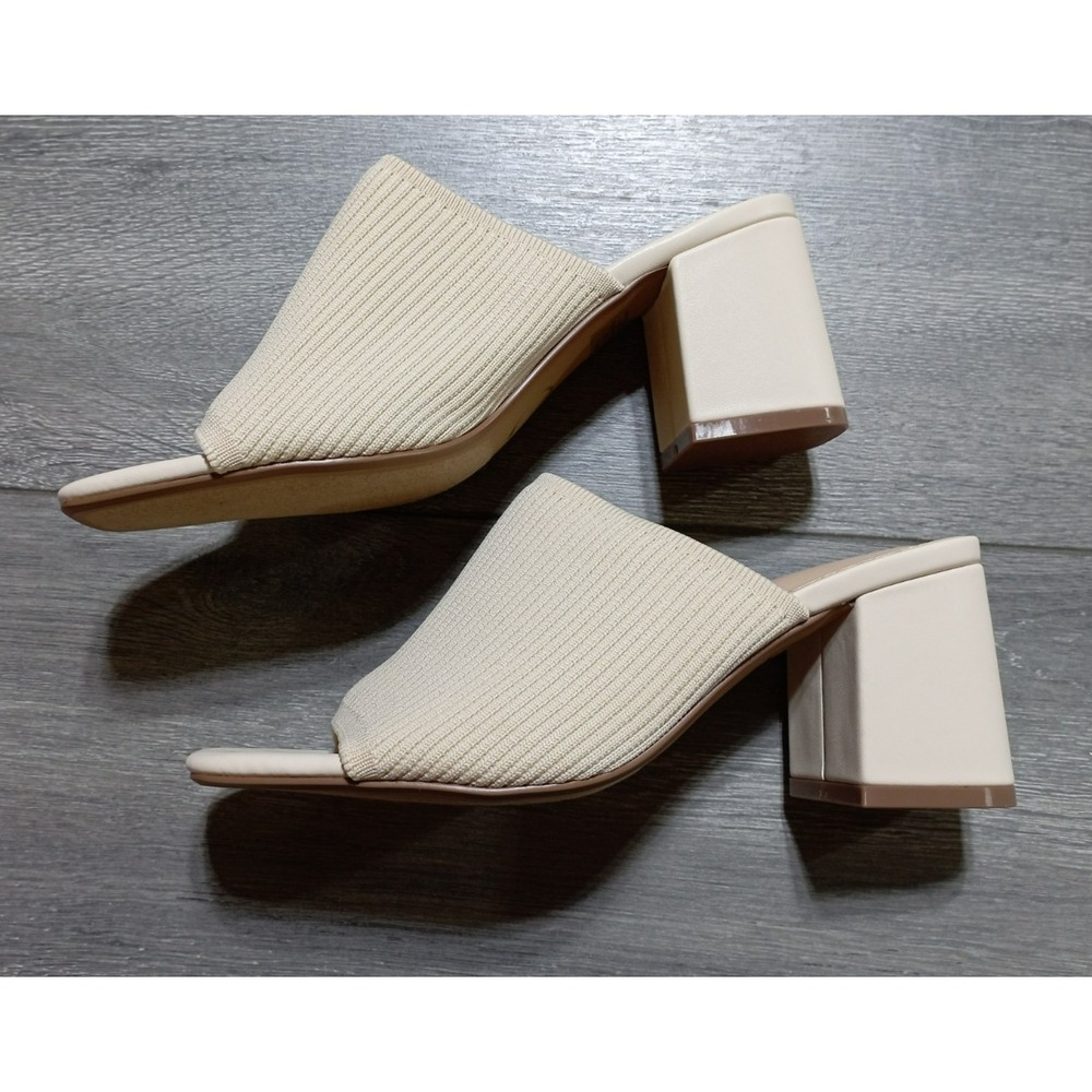 Journee Collection Lorenna Block Heel Slide 7.5M Beige Ribbed Knit Mules Womens
